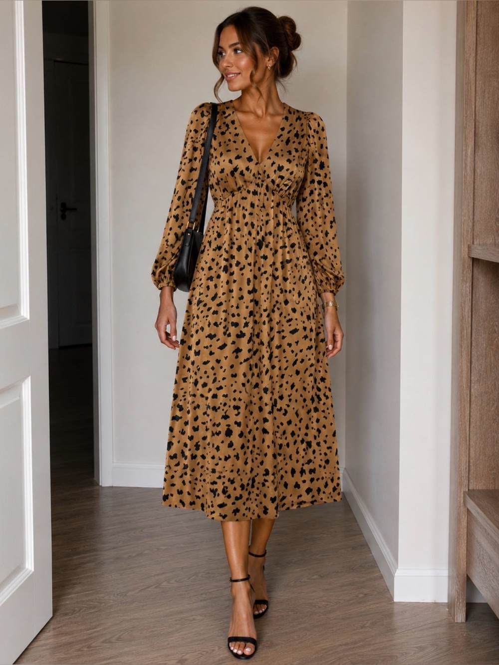 V-Neck Long Sleeve Animal Print Midi Dress - Tan/Black